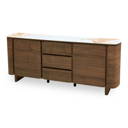 Mekong marble effect ceramic top sideboard closed, angled from the right showing the curved wooden end