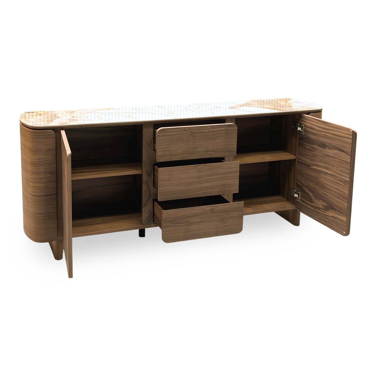 Mekong marble effect ceramic top sideboard angled from the left with both doors open and three drawers out