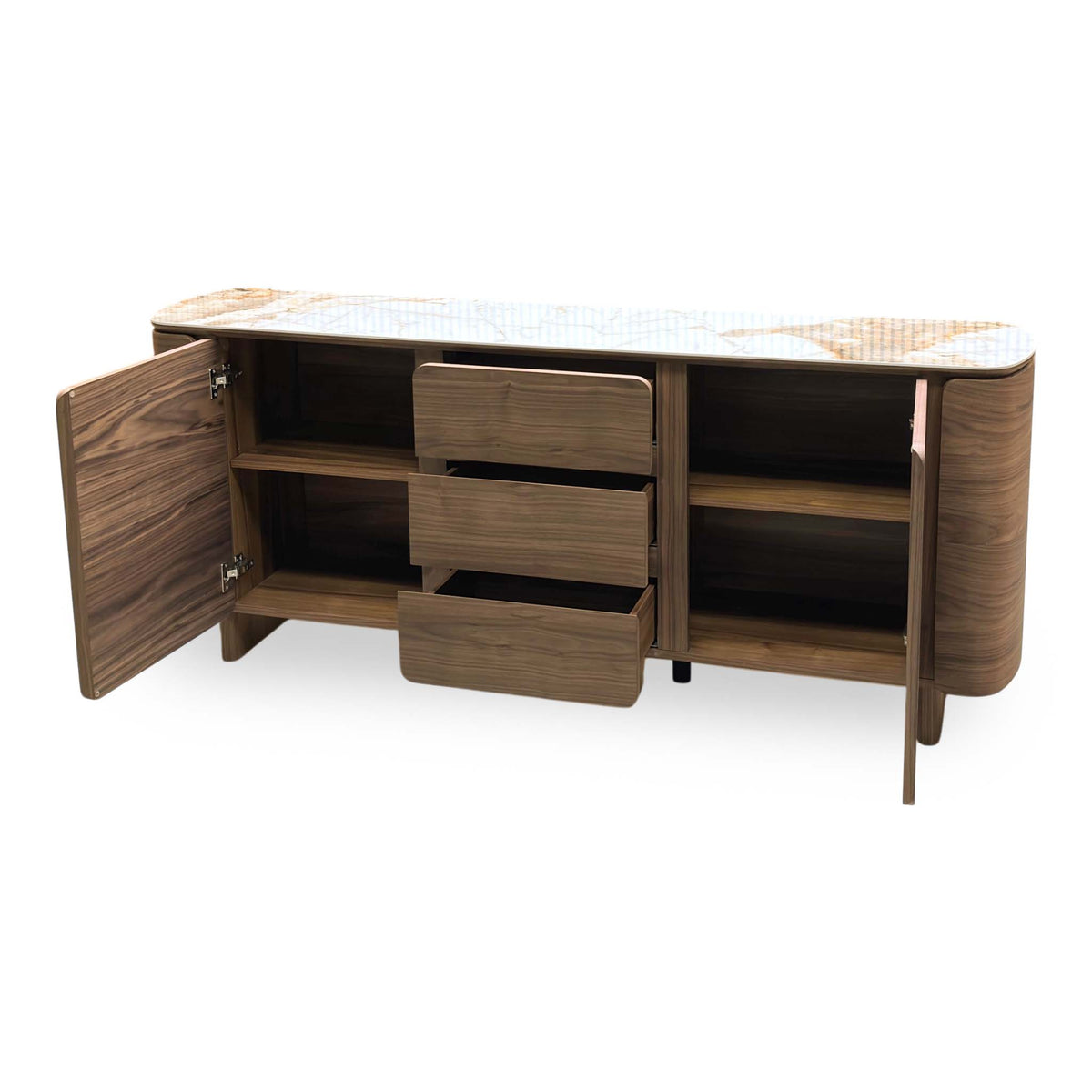 Mekong ceramic top sideboard angled from the right, doors open showing the internal shelves and drawers out