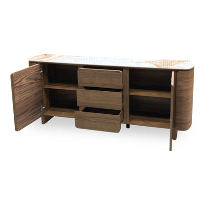 Mekong ceramic top sideboard angled from the right, doors open showing the internal shelves and drawers out
