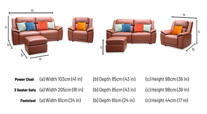 ‘Utah’ Tan Brown Leather 3 Seater Power Recliner Sofa with Power Headrests and Power Lumbar + Power Chair + Storage Footstool