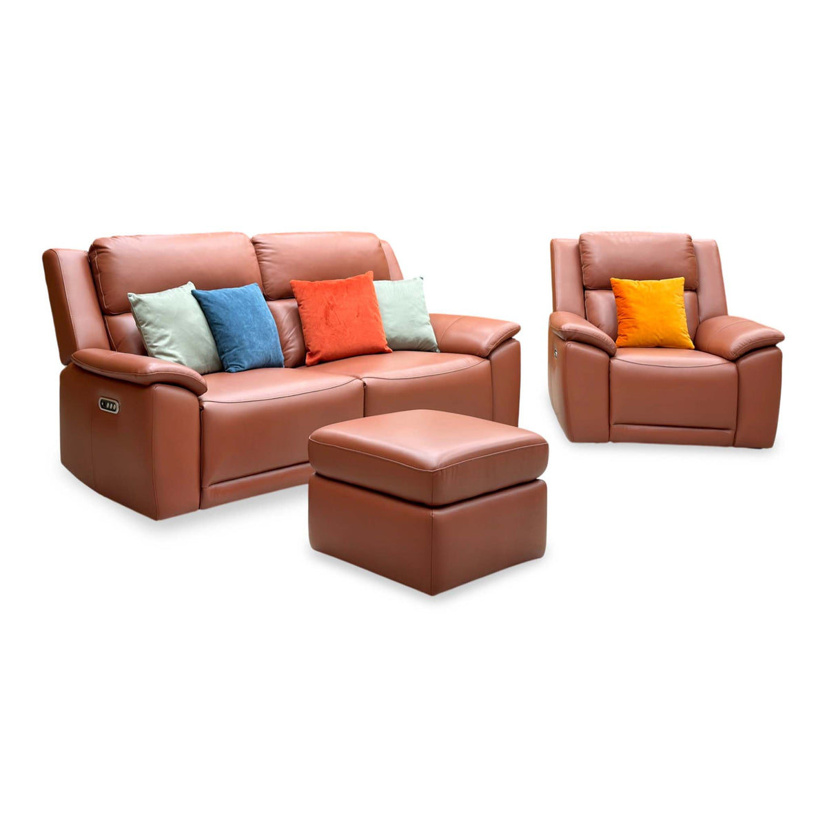 ‘Utah’ Tan Brown Leather 3 Seater Power Recliner Sofa with Power Headrests and Power Lumbar + Power Chair + Storage Footstool