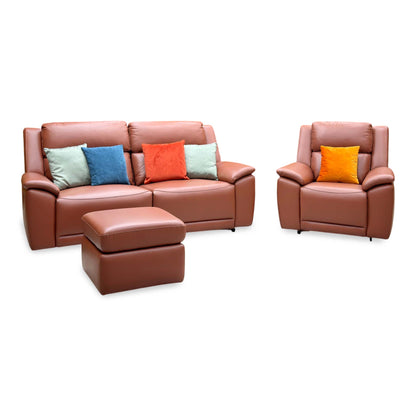 ‘Utah’ Tan Brown Leather 3 Seater Power Recliner Sofa with Power Headrests and Power Lumbar + Power Chair + Storage Footstool
