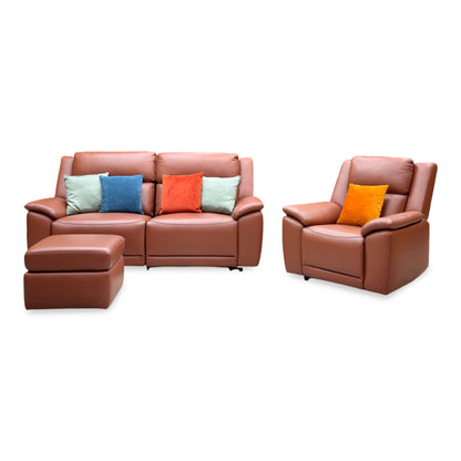 ‘Utah’ Tan Brown Leather 3 Seater Power Recliner Sofa with Power Headrests and Power Lumbar + Power Chair + Storage Footstool