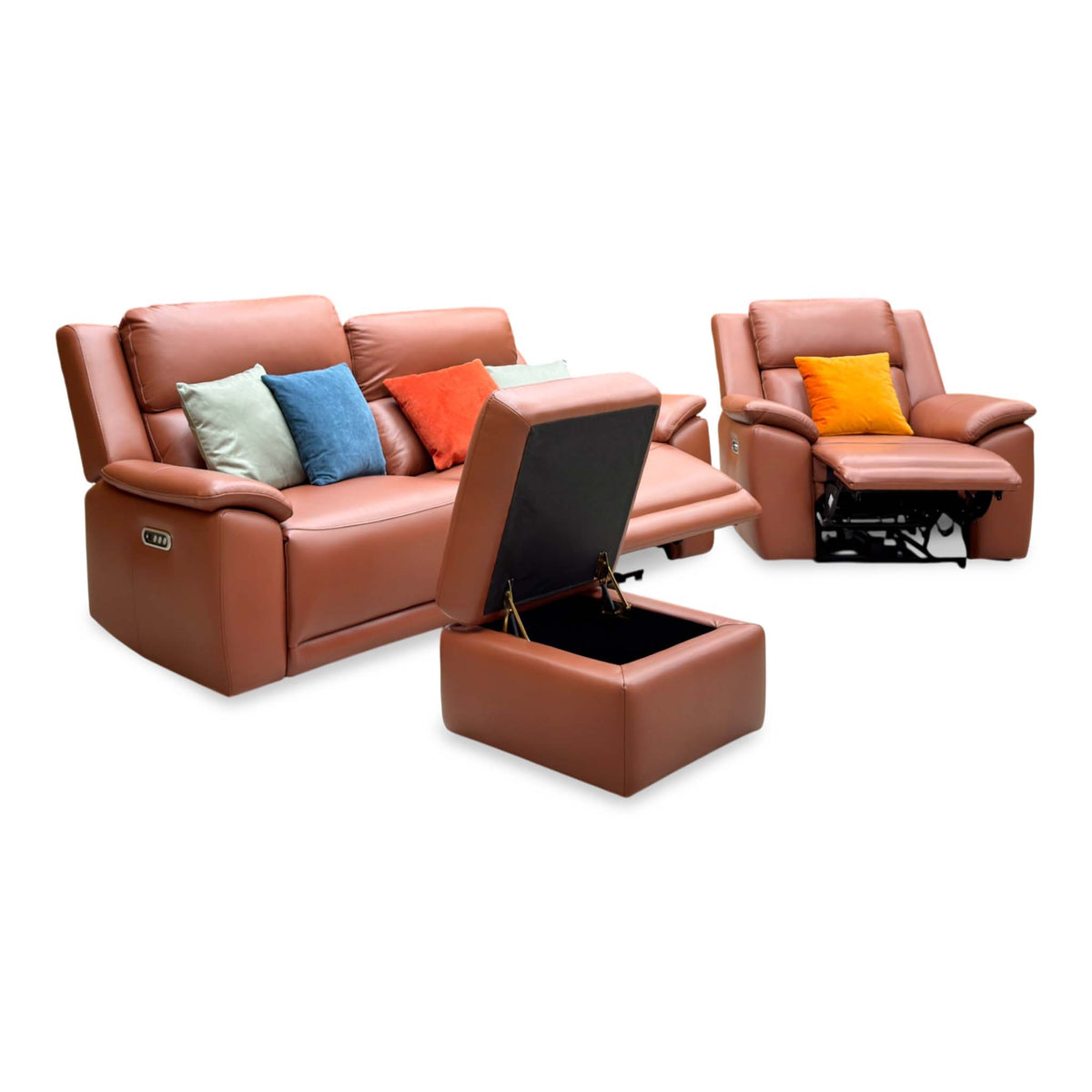 ‘Utah’ Tan Brown Leather 3 Seater Power Recliner Sofa with Power Headrests and Power Lumbar + Power Chair + Storage Footstool
