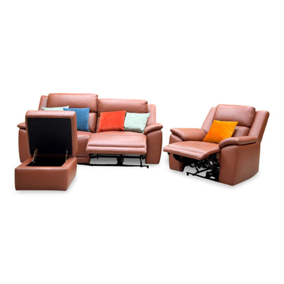 ‘Utah’ Tan Brown Leather 3 Seater Power Recliner Sofa with Power Headrests and Power Lumbar + Power Chair + Storage Footstool