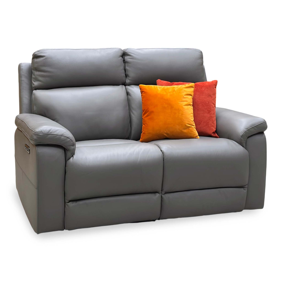 Raven elephant grey leather 2 seater power recliner sofa upright, angled from the left