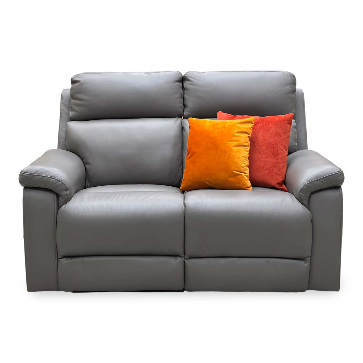 Front view of the Raven Oslo elephant grey leather 2 seater power recliner sofa with scatter cushions