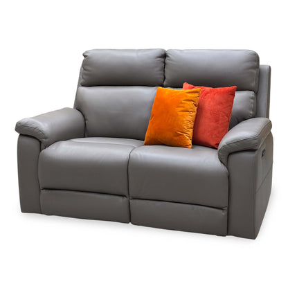 Raven elephant grey leather 2 seater power recliner sofa upright, angled from the right