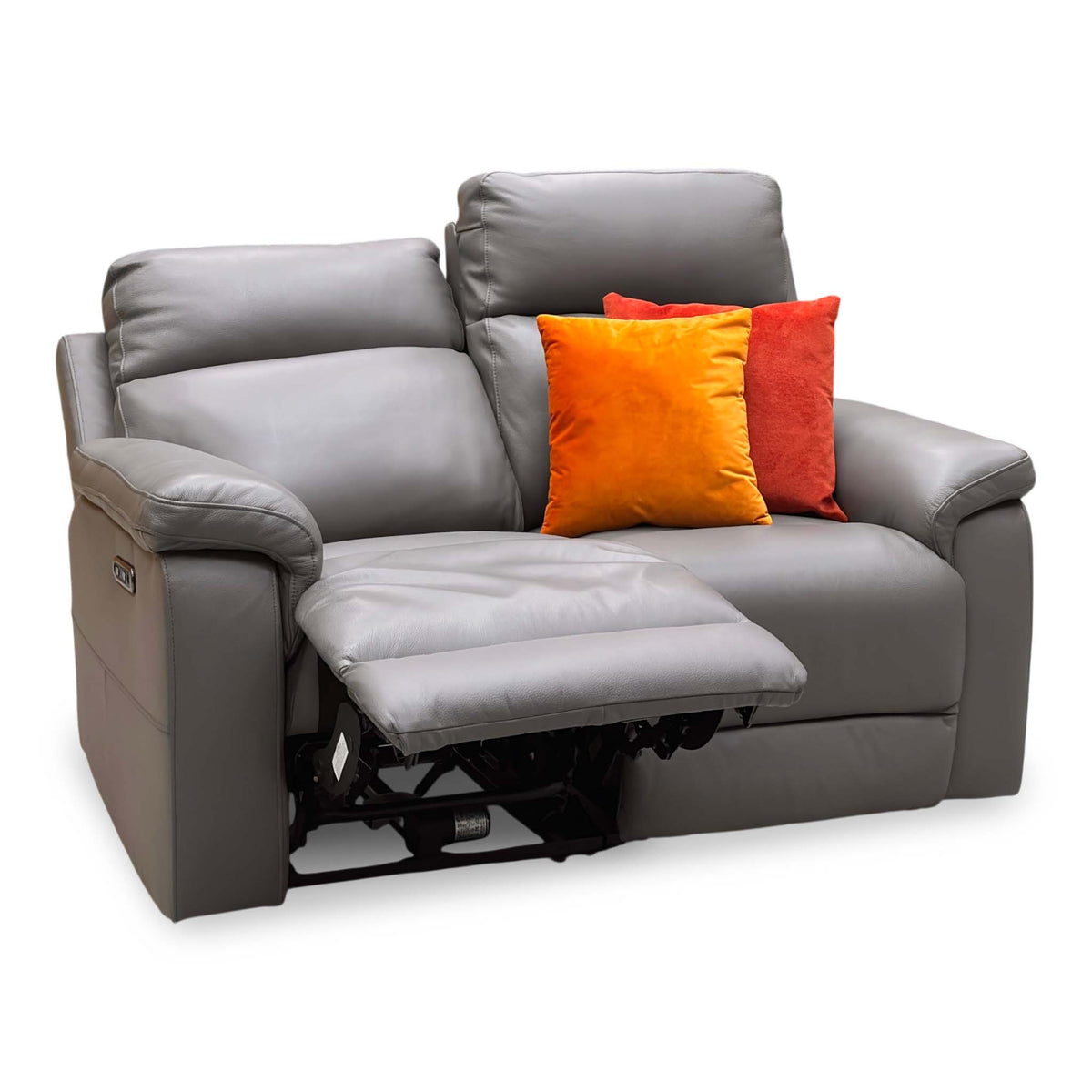 Raven Oslo elephant grey leather 2 seater power recliner sofa with the left footrest raised, angled view