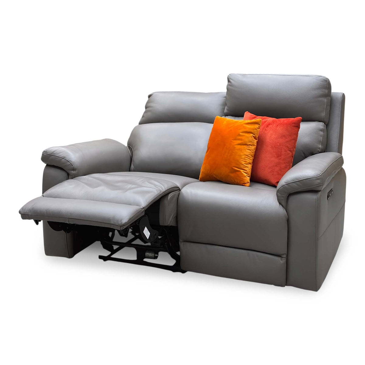Raven elephant grey leather 2 seater sofa with the left seat power reclined, angled from the right