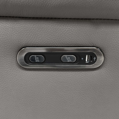 Close-up of the power recline buttons and USB port on the Raven elephant grey leather sofa