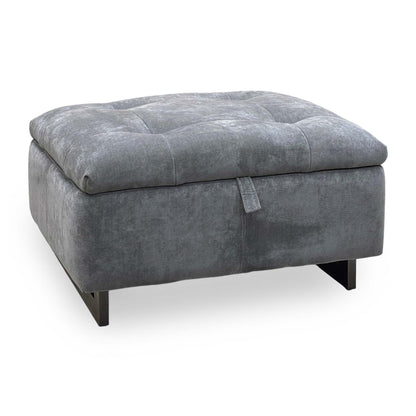 Moet large storage footstool in Manhattan Charcoal Grey fabric with a stitched padded lid and dark U-shaped legs
