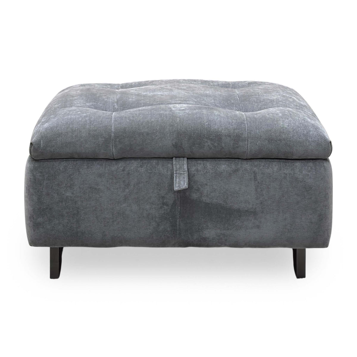 Front view of the Moet charcoal grey storage footstool showing the lid pull tab