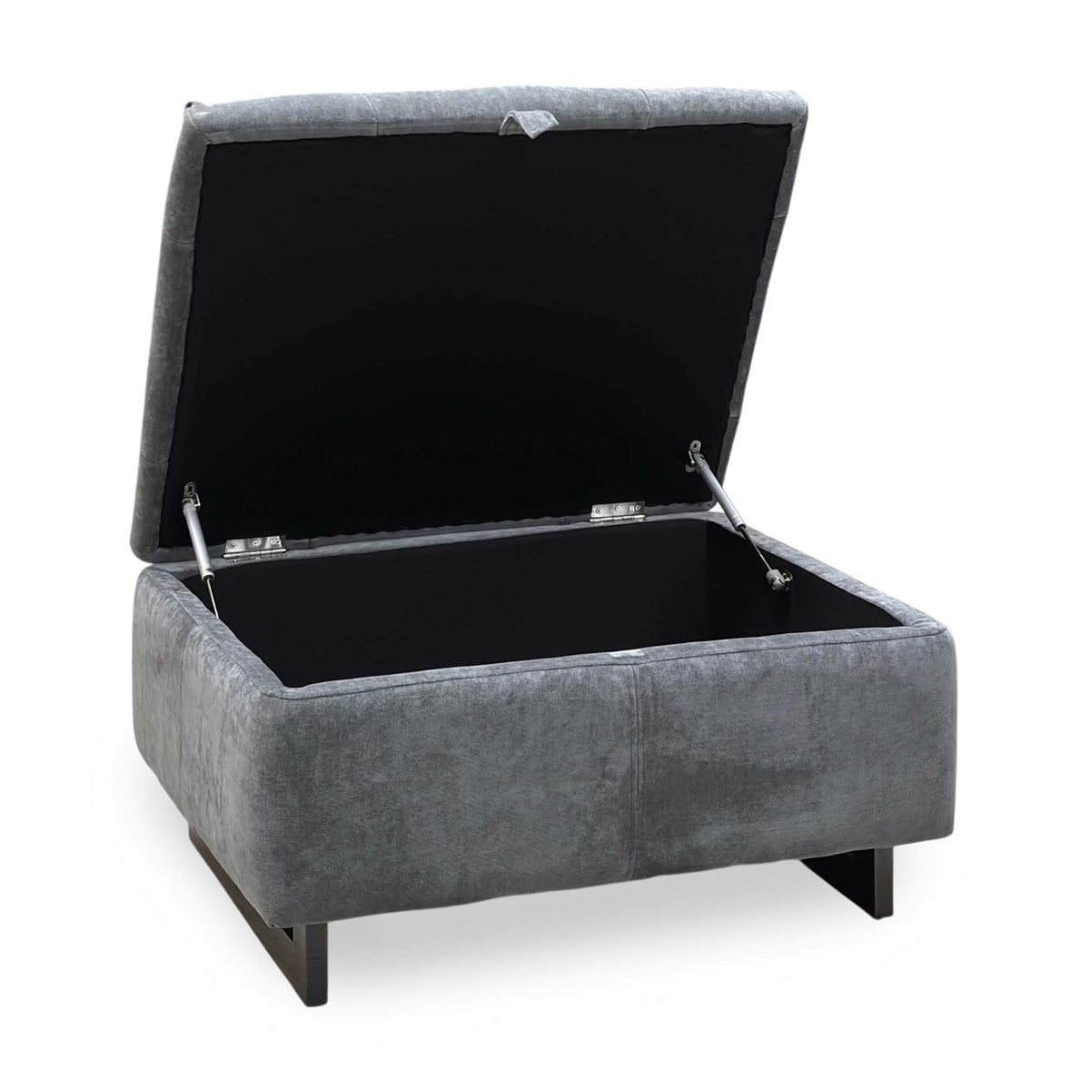 Moet storage footstool with the lid open showing the storage compartment and lid stays