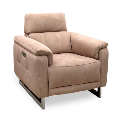 Moet Dexter sand beige velvet power recliner chair upright, angled from the left