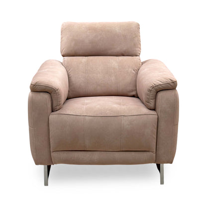 Front view of the Moet sand beige velvet power recliner chair with telescopic headrest and chrome legs
