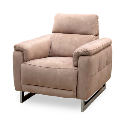 Moet Dexter sand beige velvet power recliner chair upright, angled from the right