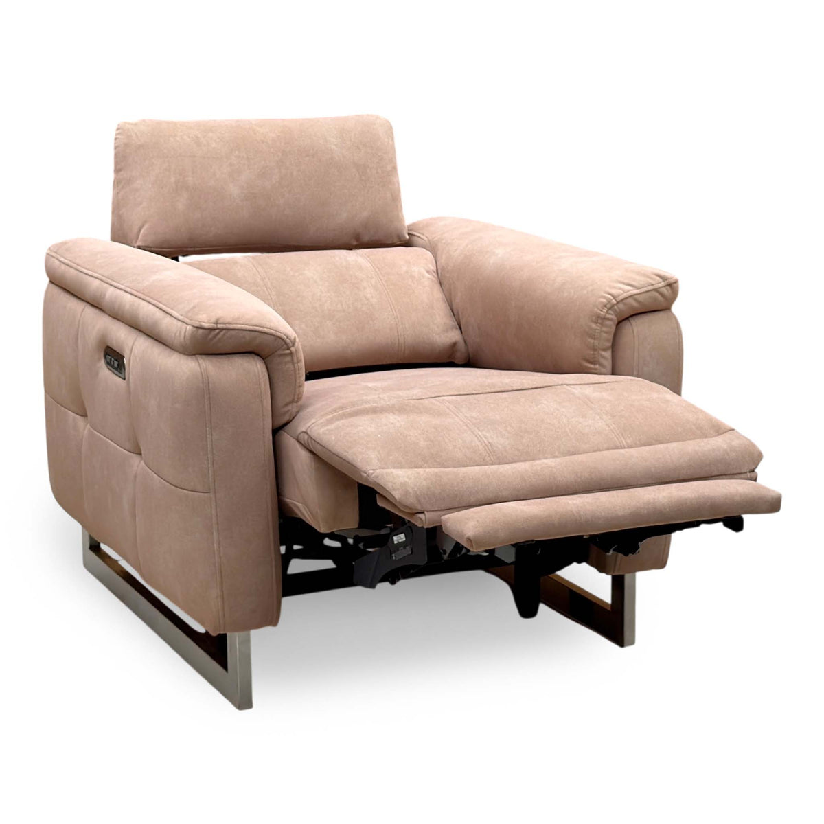 Moet sand beige velvet power recliner chair with the footrest raised, angled from the left