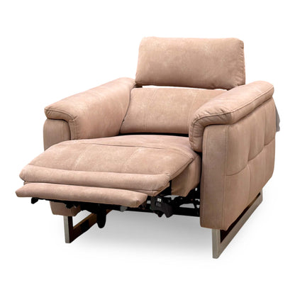 Moet sand beige velvet power recliner chair in the reclined position, angled from the right