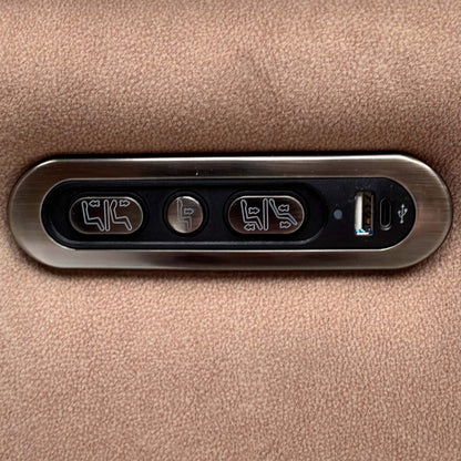 Close-up of the power recline and headrest buttons with USB port on the Moet sand beige velvet chair