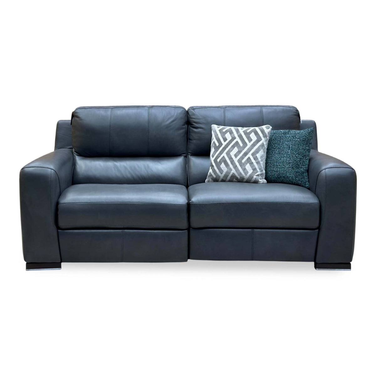 Front view of the Marinelli Viali grey leather 3 seater power recliner sofa with padded headrests and block arms