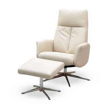 G Plan 'Vaasa' H007 Durham Dove Grey Leather Swivel Recliner Chair and Footstool with Chrome Base