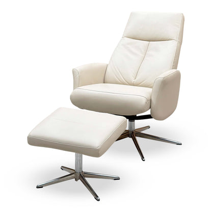 G Plan 'Vaasa' H007 Durham Dove Grey Leather Swivel Recliner Chair and Footstool with Chrome Base
