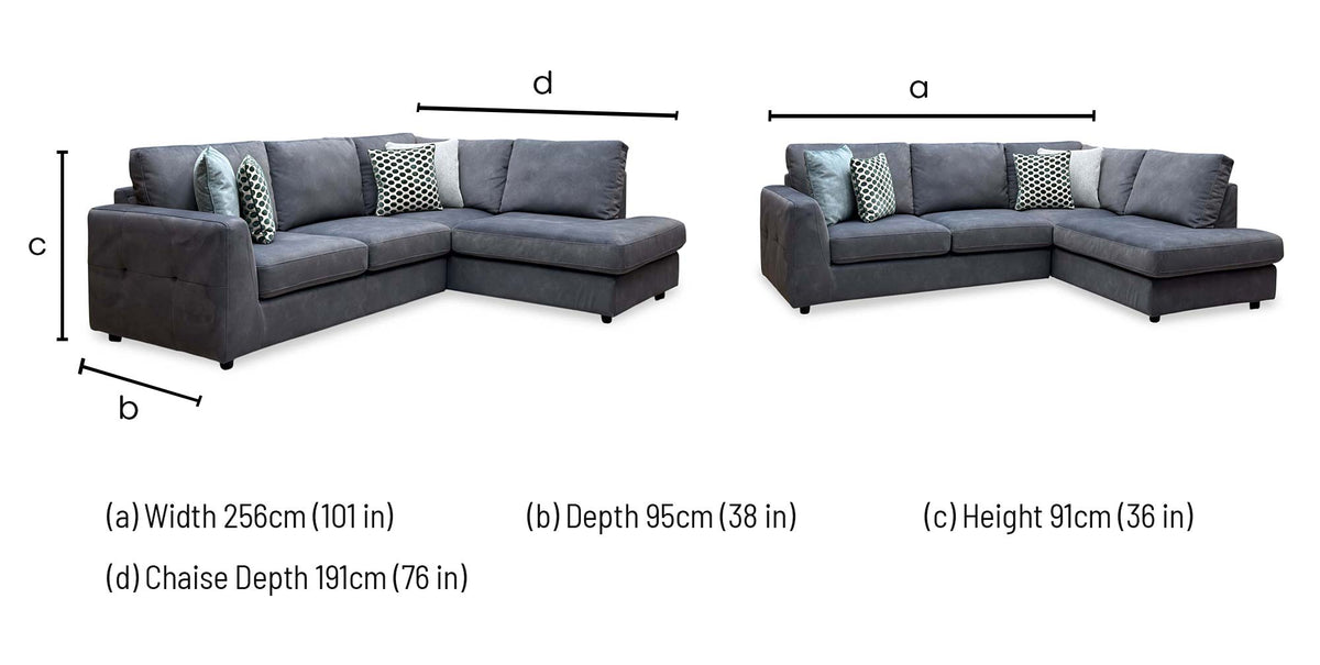 Dinky shadow grey velvet corner chaise sofa dimensions: width 256cm, depth 95cm, height 91cm, chaise depth 191cm