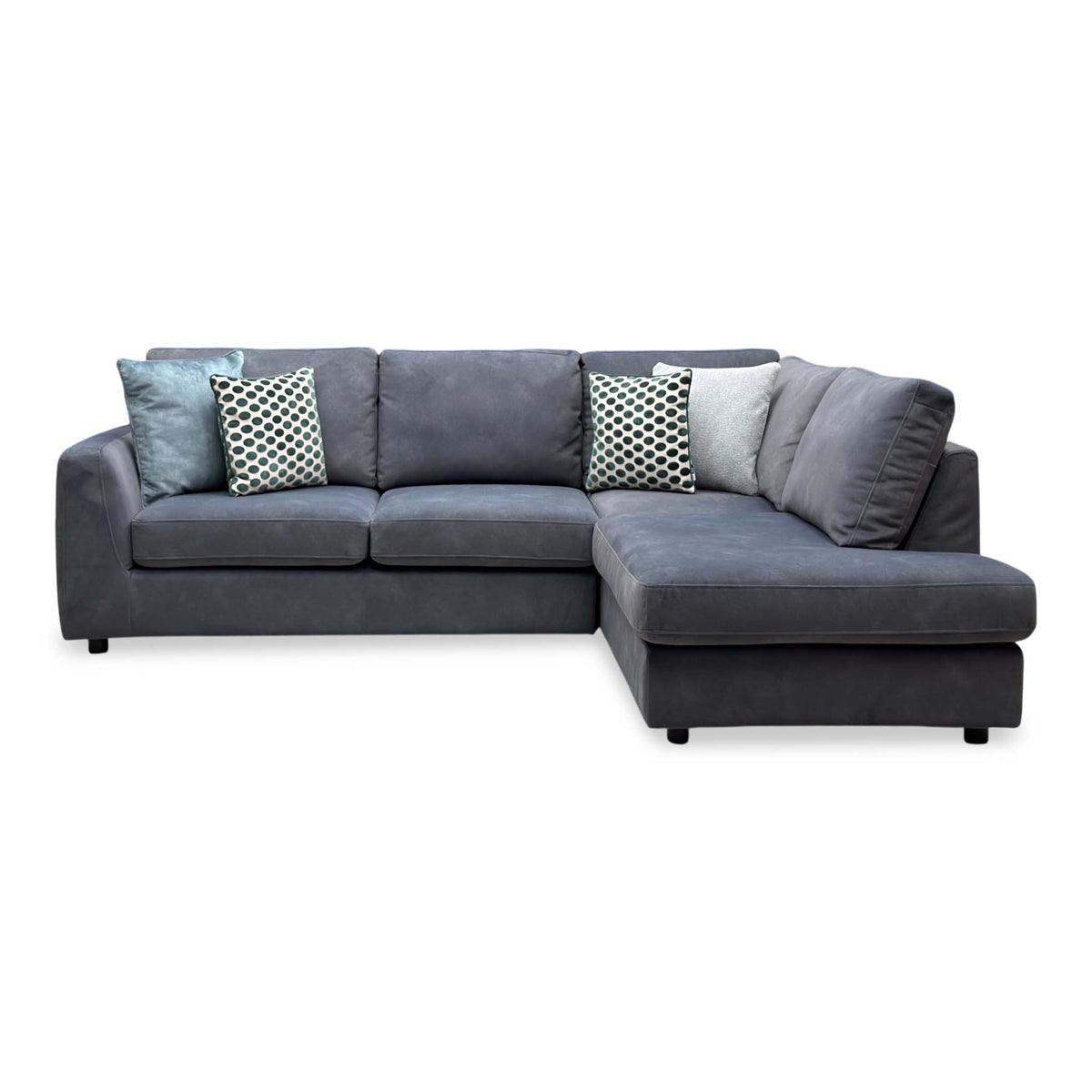 Front view of the Dinky shadow grey velvet right hand facing corner chaise end sofa