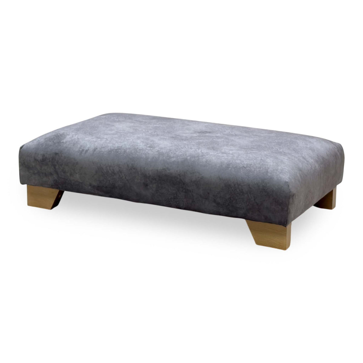 Aura mink velvet designer footstool angled from the right showing the distressed finish