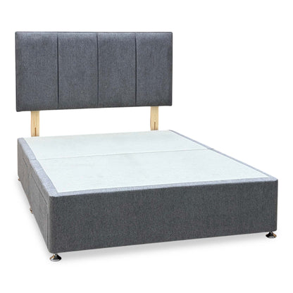 Linear diamond grey fabric double headboard and 4 drawer continental divan base, angled view with drawers closed