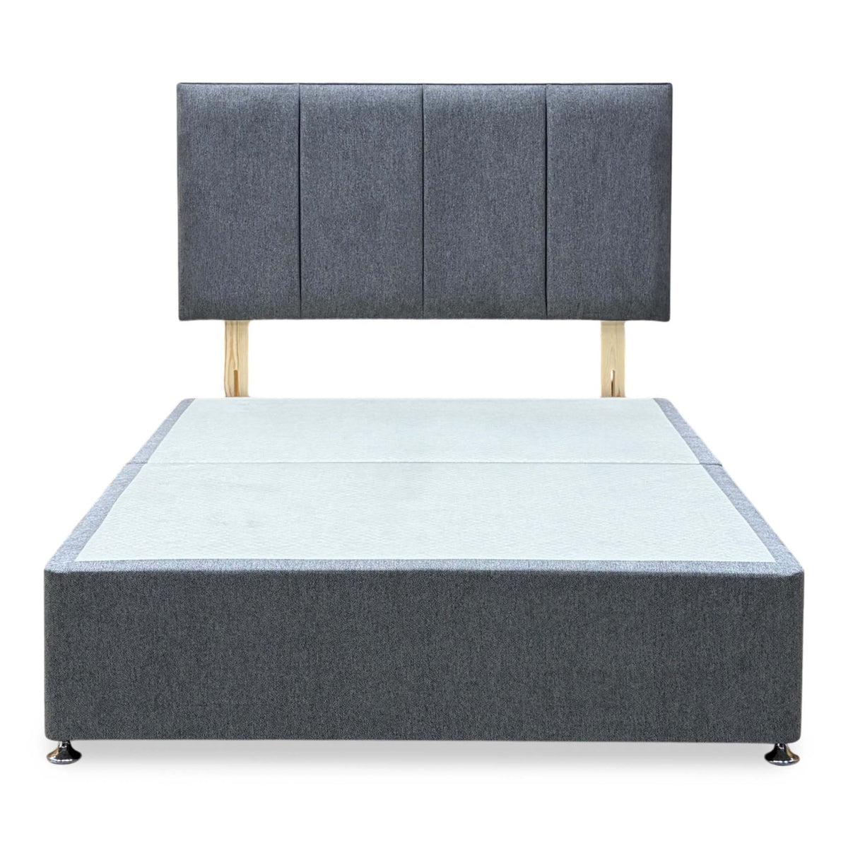 Front view of the Linear diamond grey fabric double headboard and continental divan base with drawers closed