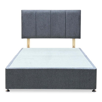 Front view of the Linear diamond grey fabric double headboard and continental divan base with drawers closed