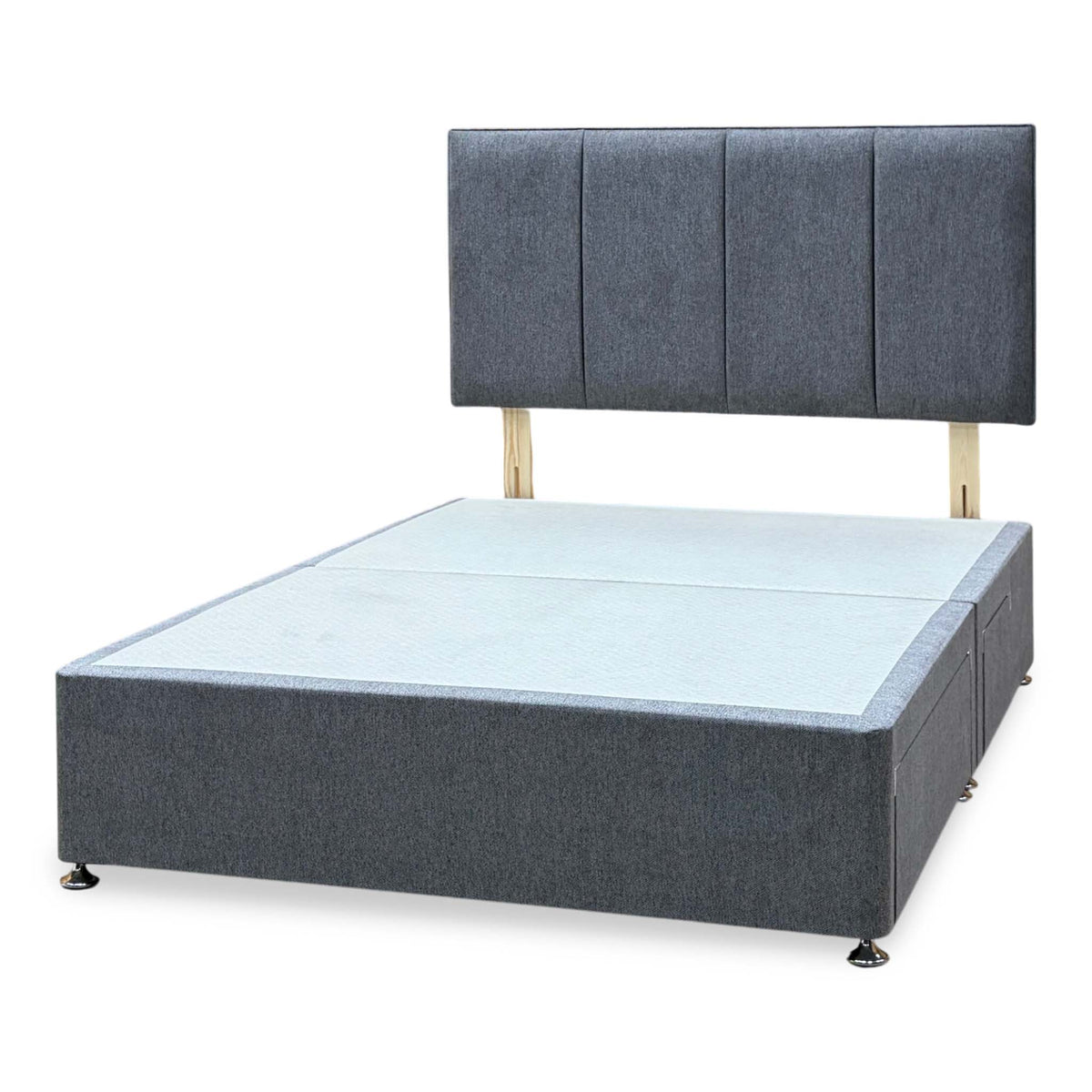 Linear diamond grey fabric double headboard and divan base, angled from the right with drawers closed