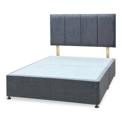 Linear diamond grey fabric double headboard and divan base, angled from the right with drawers closed