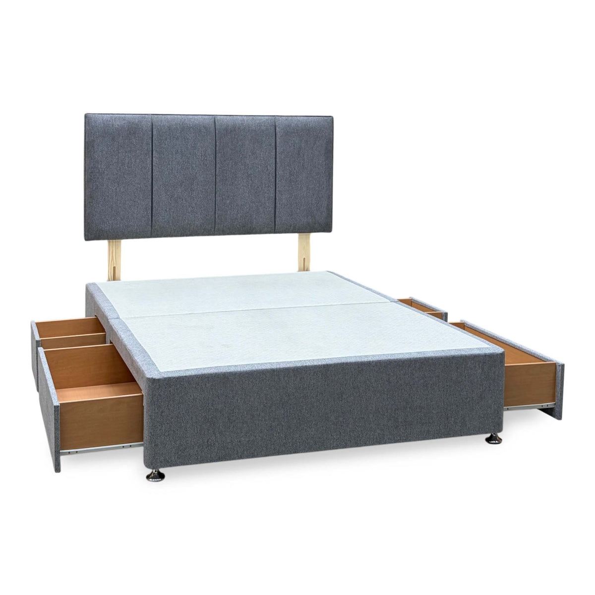 Linear diamond grey fabric double divan base with all 4 continental drawers pulled open, front view