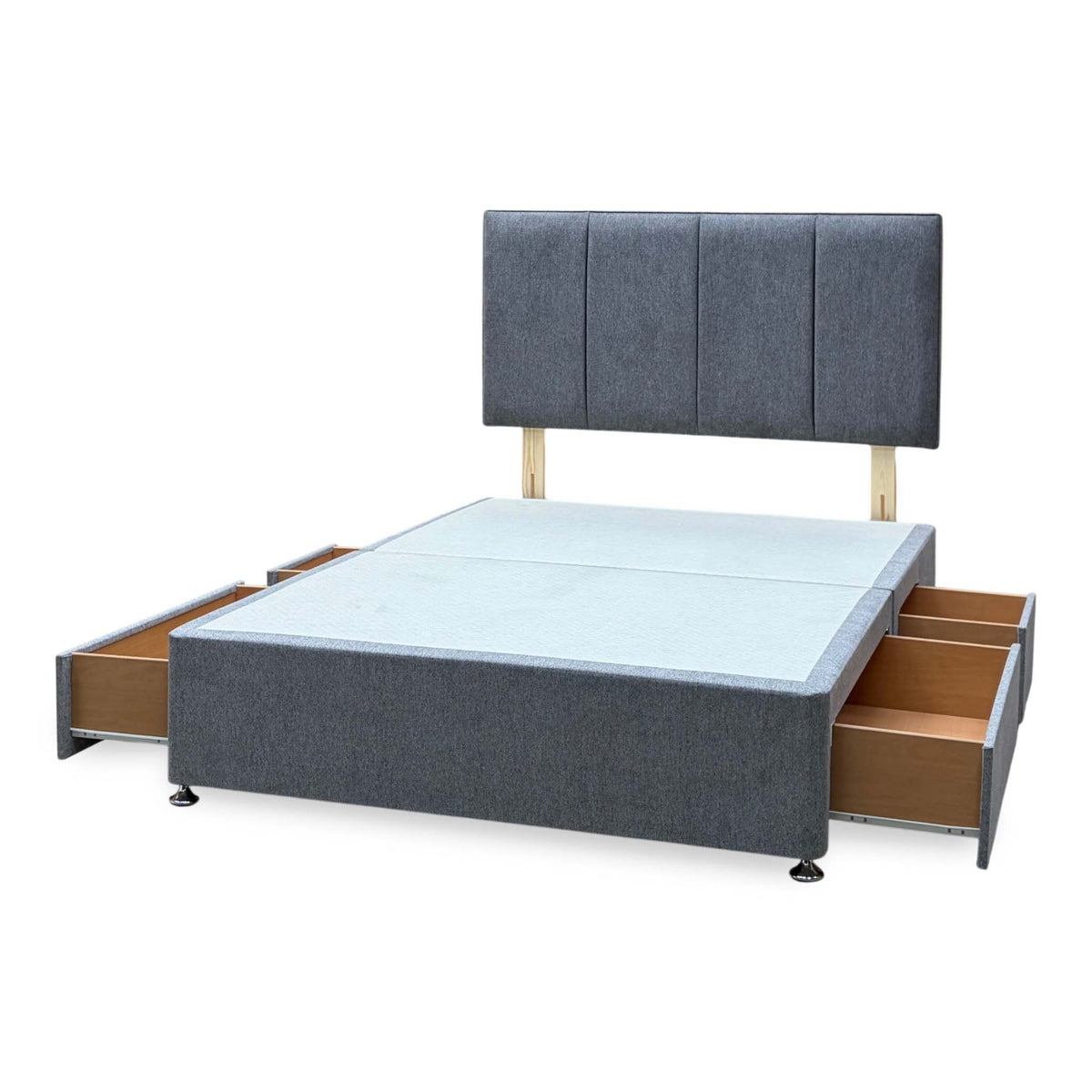 Linear diamond grey fabric double divan base with the 4 drawers open, angled from the right