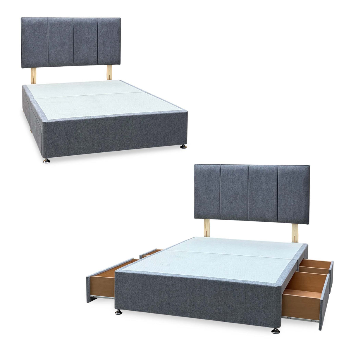 Artisan Collection Linear diamond grey fabric double divan base and headboard, shown closed and with the 4 drawers open