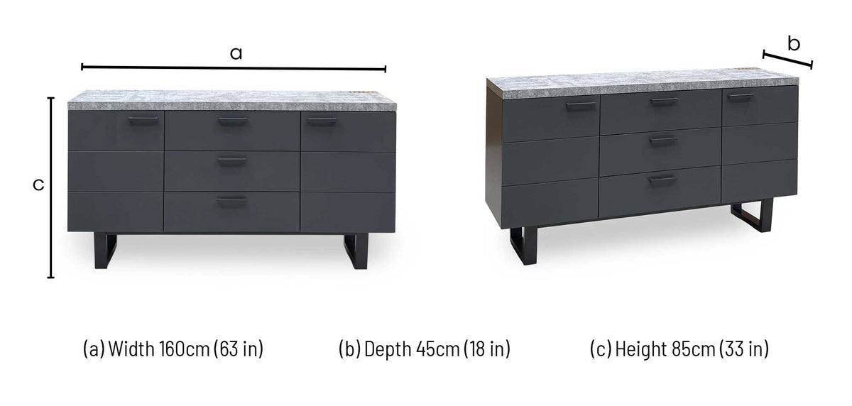 Moon grey concrete effect 2 door 3 drawer sideboard dimensions: width 160cm, depth 45cm, height 85cm