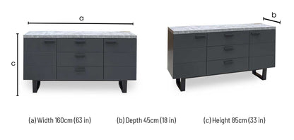 Moon grey concrete effect 2 door 3 drawer sideboard dimensions: width 160cm, depth 45cm, height 85cm