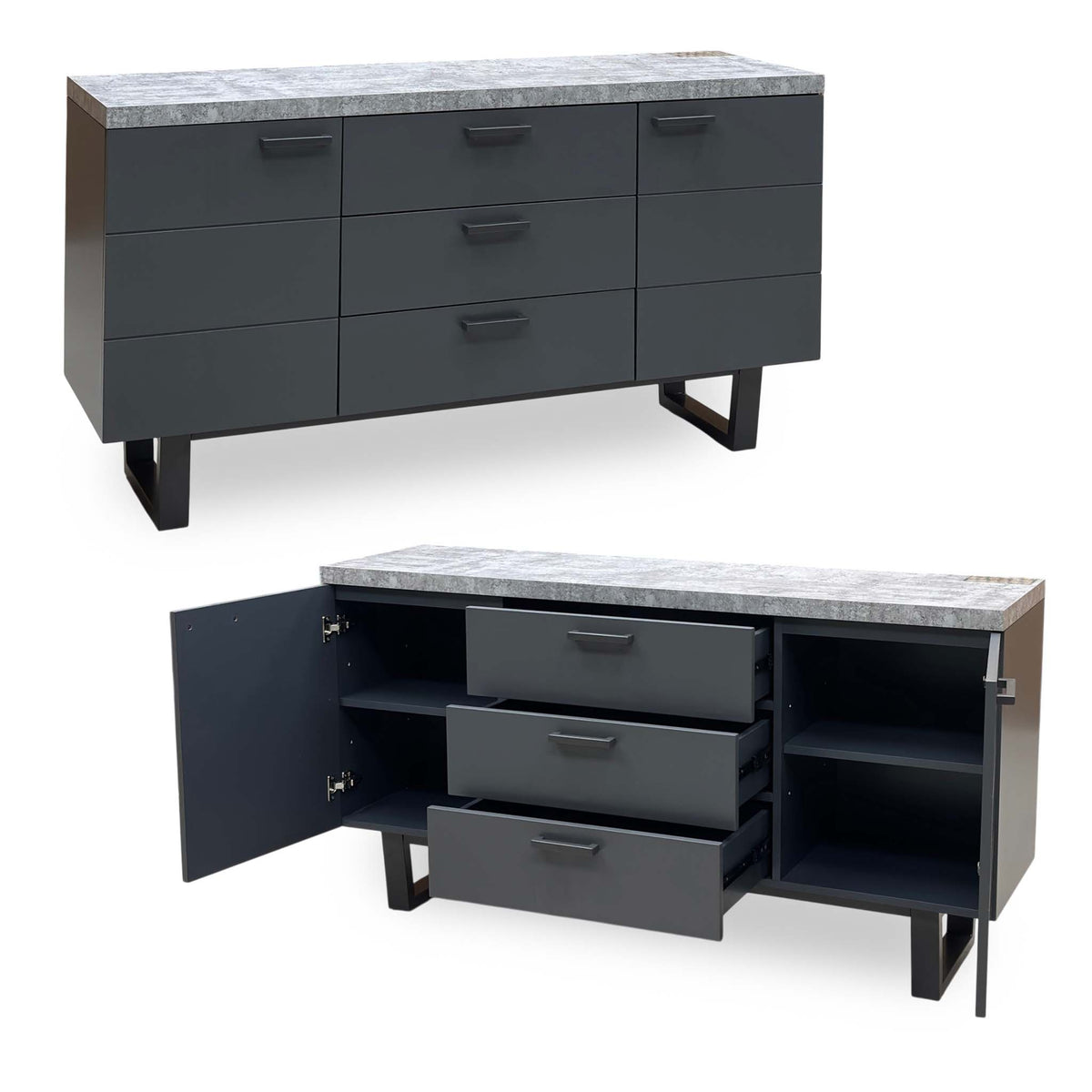 Moon grey concrete effect 2 door 3 drawer sideboard shown closed and with the doors and drawers open