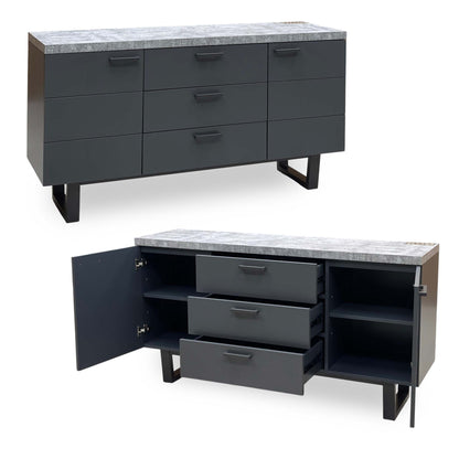 Moon grey concrete effect 2 door 3 drawer sideboard shown closed and with the doors and drawers open