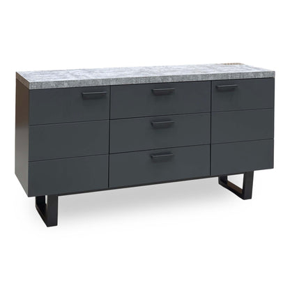 Moon grey concrete effect top sideboard, angled view from the right showing the black metal sled legs