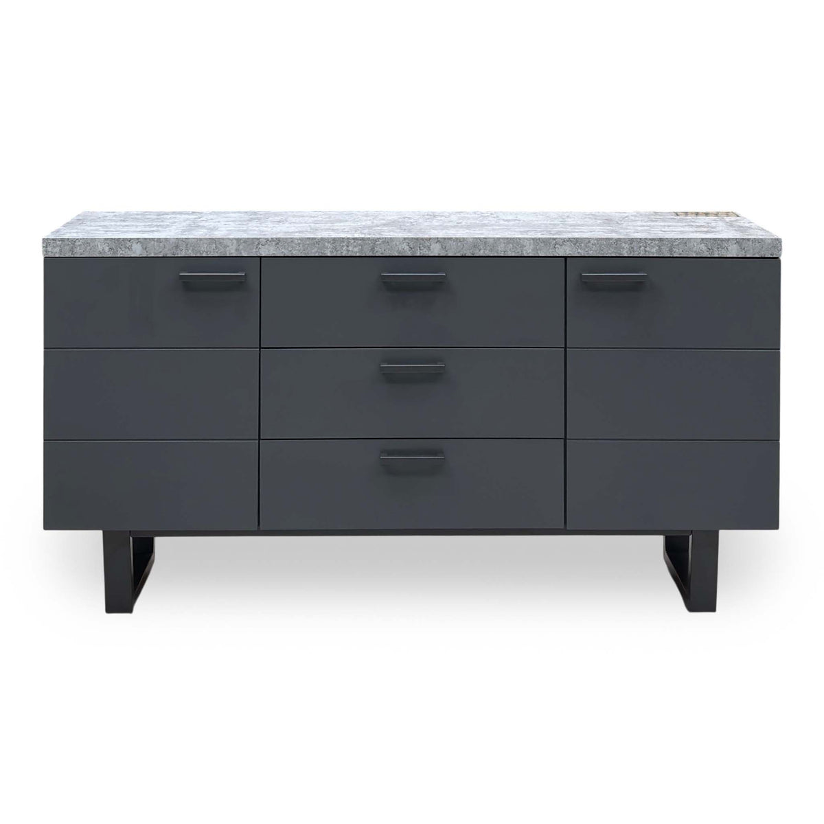 Front view of the Moon grey concrete effect 2 door 3 drawer sideboard with black bar handles