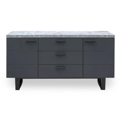 Front view of the Moon grey concrete effect 2 door 3 drawer sideboard with black bar handles