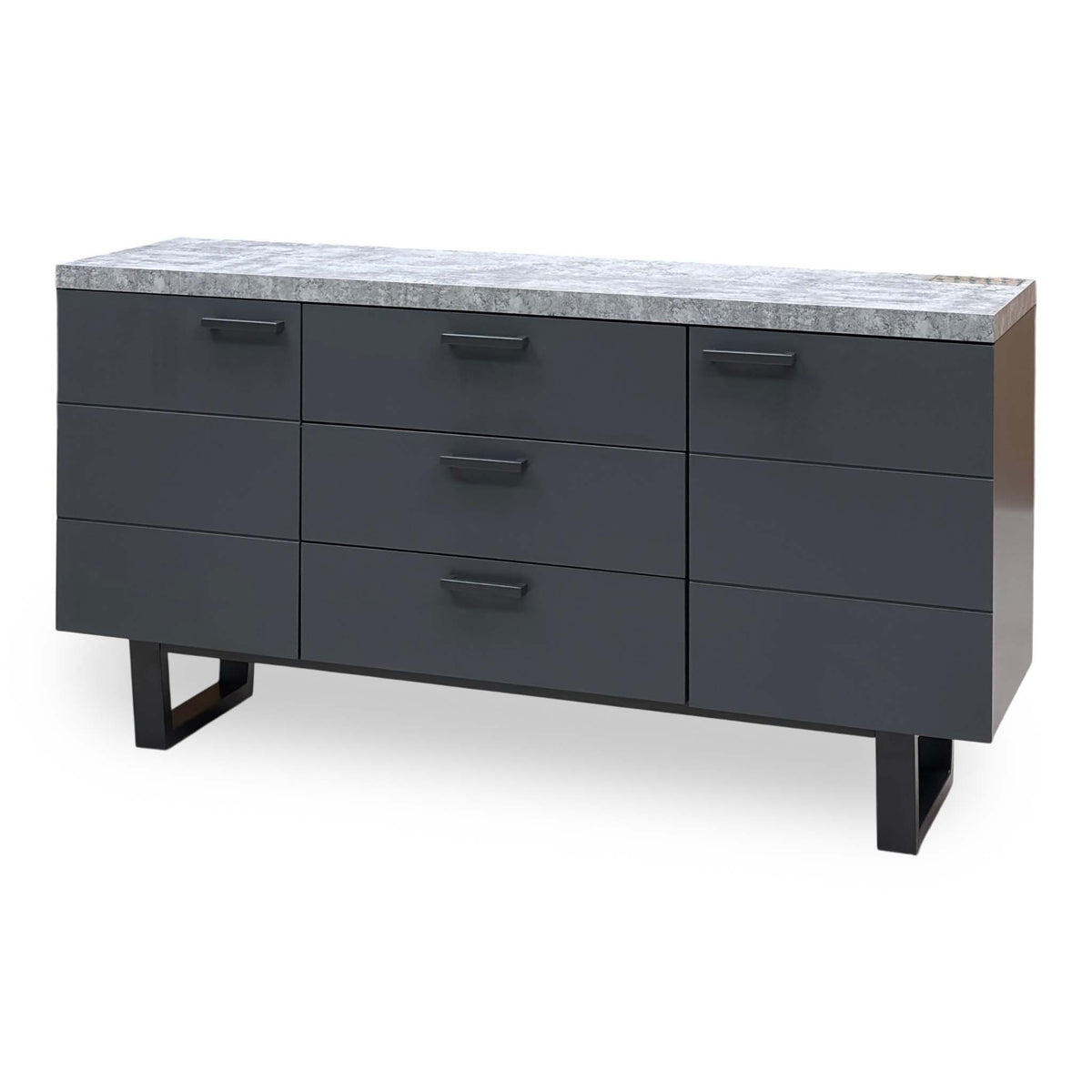 Moon grey concrete effect top sideboard, angled view from the left with the dark grey doors and drawers closed