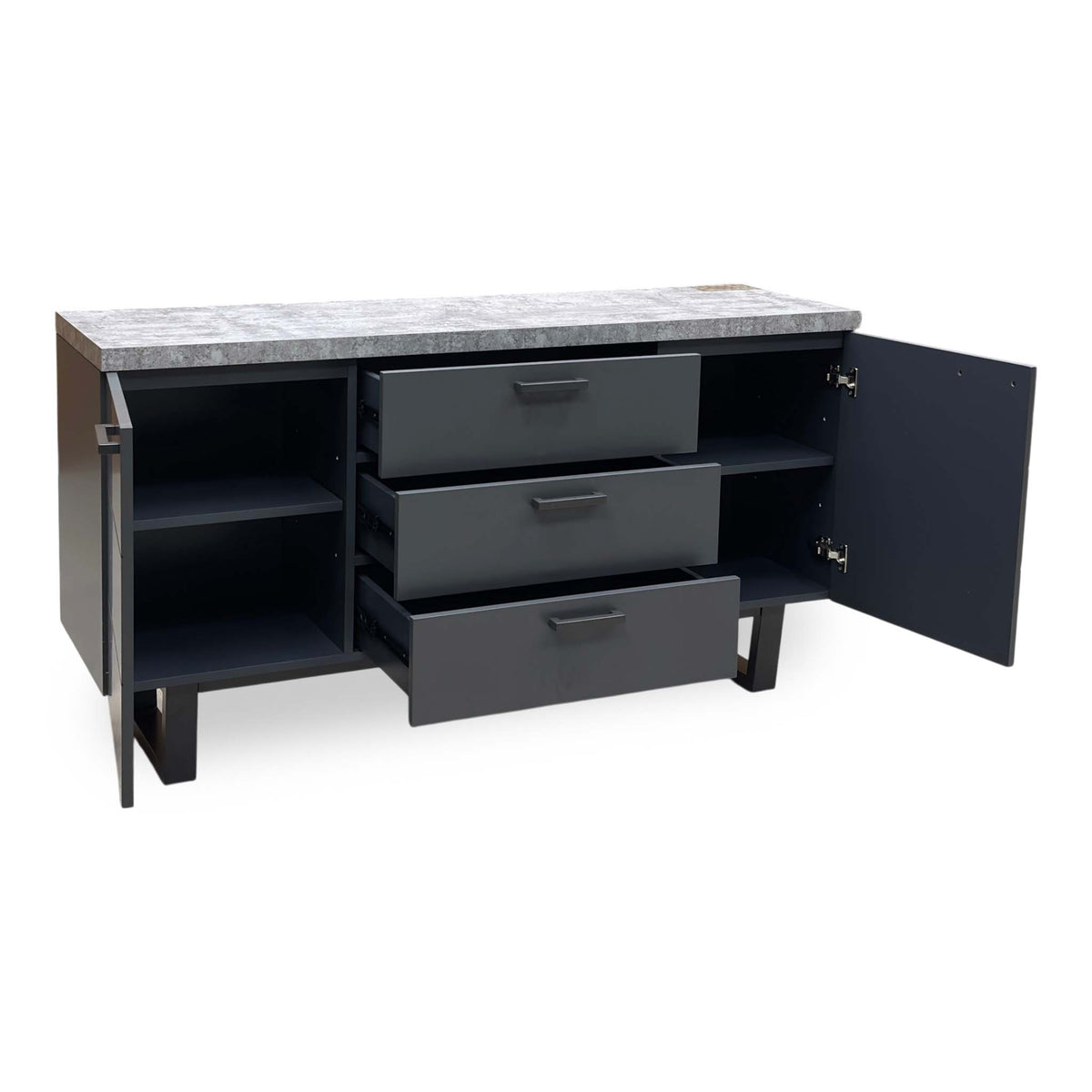 Moon sideboard open storage, angled from the right: three drawers pulled out and both doors open to shelves