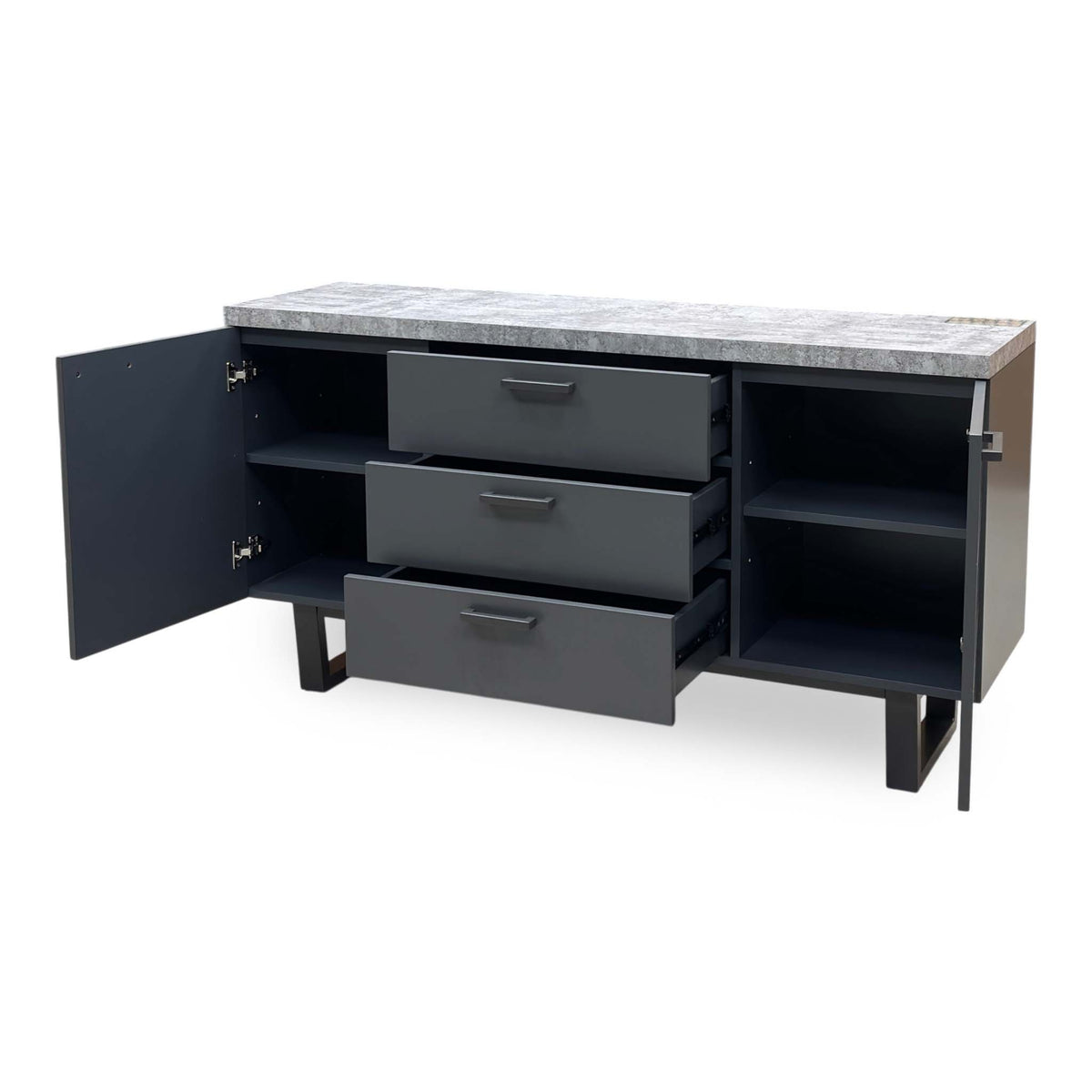 Moon sideboard open storage, angled from the left, showing the shelved cupboards and three centre drawers