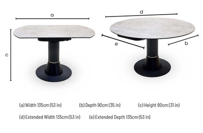 Enterprise grey ceramic swivel table dimensions: width 135cm, depth 90cm, height 80cm, opens to 135 x 135cm round